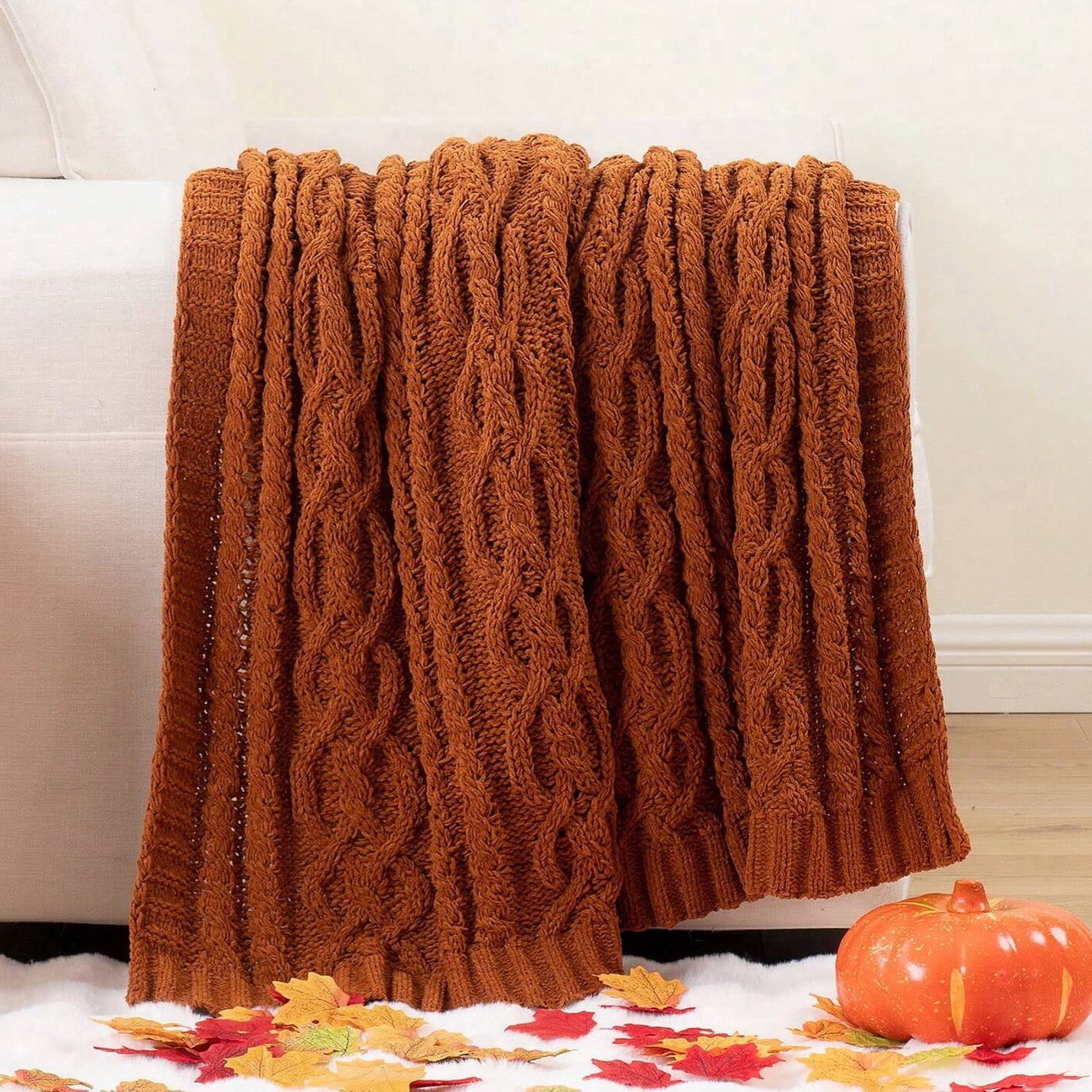 Battilo Caramel Throw Blanket for Couch, Chenille Rust Blanket Throw,Fall Blanket,51"x67"