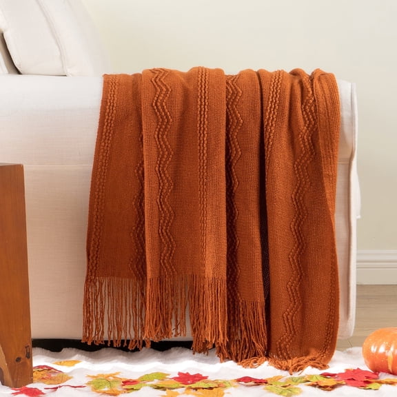 Battilo Caramel Throw Blanket, Lightweight Rust Orange Knit Blanket, Fall Decorative Throw for Couch ,50"x60"