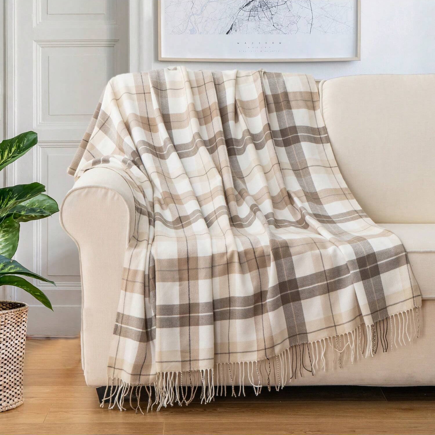 Grey and White Knitted Wool Plaid Throw Blanket 50"x60"