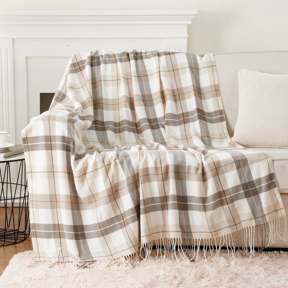 Plaid Throw Blanket for Couch,Lightweight Outdoor Beige Throws,Buffalo Plaid Blanket,50"x60"