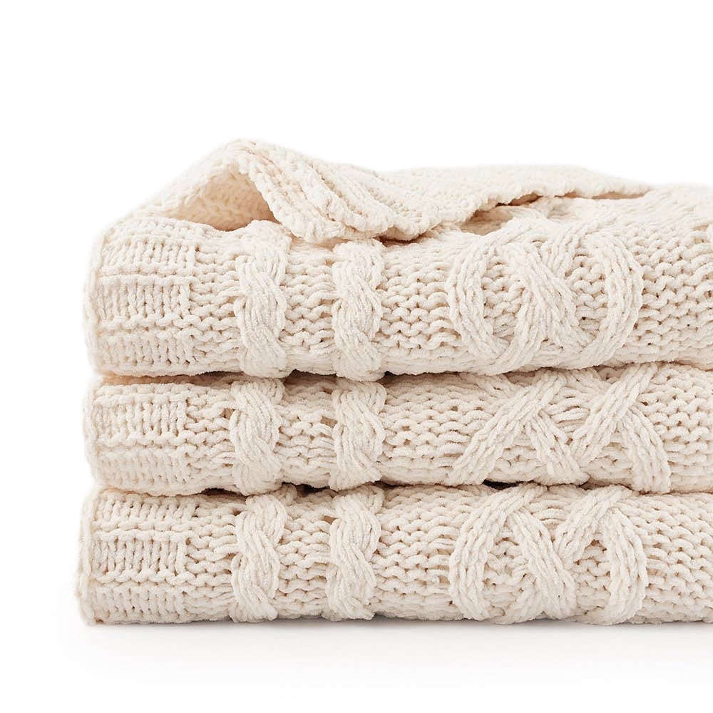 Cream Chenille Knit Throw Blanket, 51" x 67"
