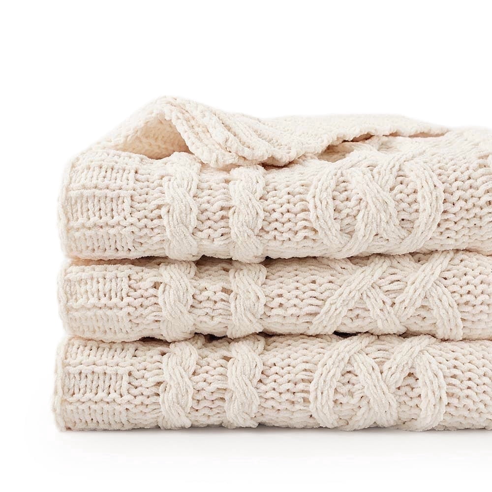 Battilo Cream Chenille Knit Throw Blanket, Textured Woven Decorative Blanket for Couch Bed,51"x67"