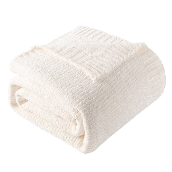 Battilo Cream Chenille Knit Throw Blanket,Soft Warm Ivory Throws,Lightweight Neutral Blanket,51"x67"