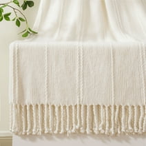 Battilo Cream Throw Blanket for Couch, Knitted White Throw Blankets for Bed, Decorative Woven Throws with Tassel, Soft Warm Off White Blanket for All Season (White, 50"x 60")