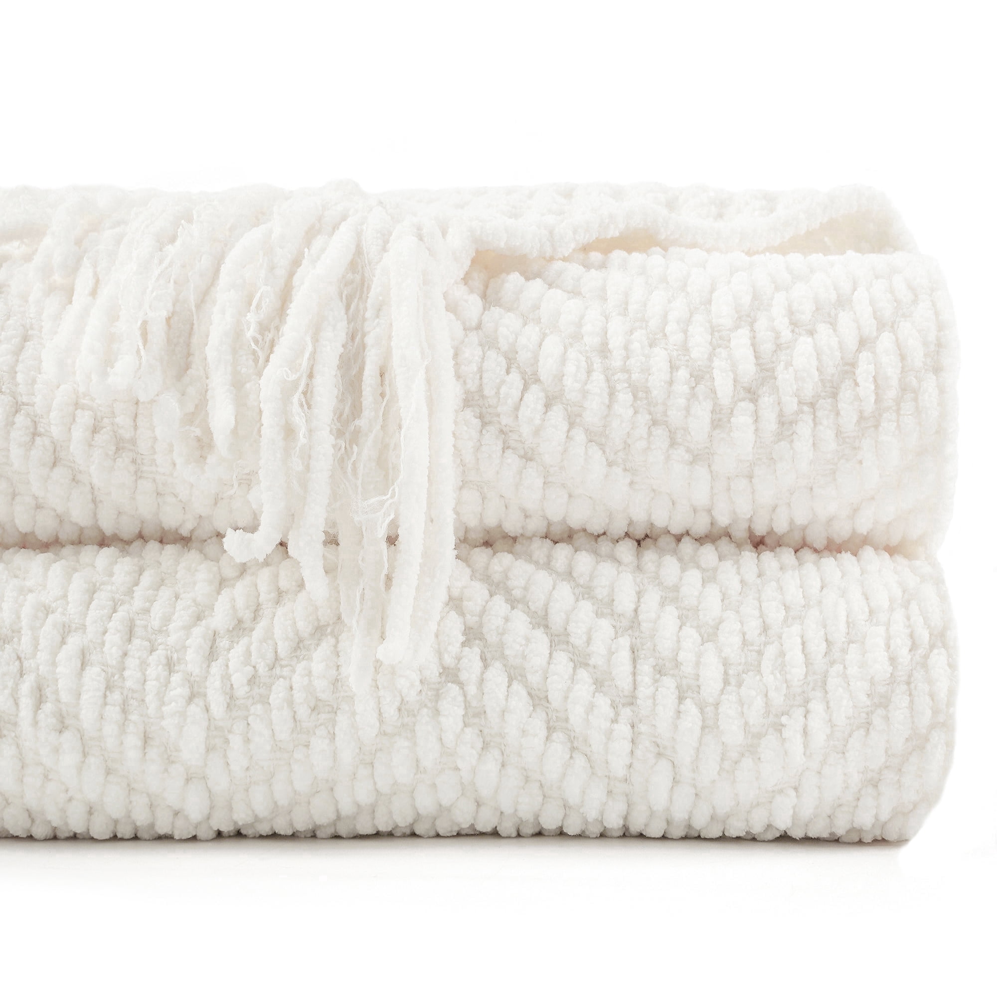 Battilo Cream Throw Blanket for Couch Bed,White Textured Blanket with Tassels for Home Decor,60"x80"