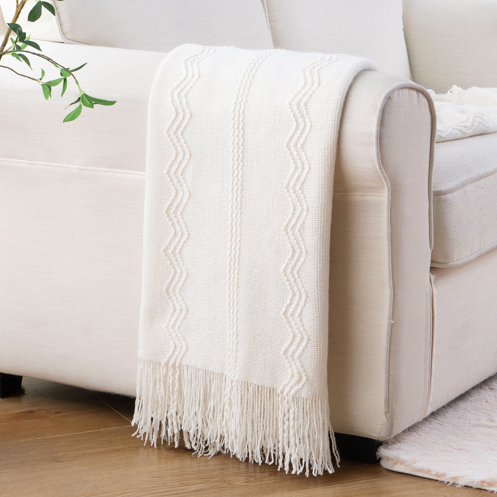 Cream Knitted Acrylic Throw Blanket with Tassels, 50"x60"