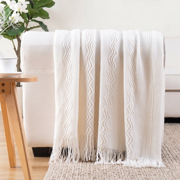 Cream Throw Blanket,Lightweight White Blanket with Tassels,Boho Throws for Sofa,50"x60"