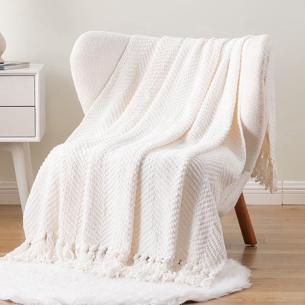 Battilo Cream Throw Blanket for Couch,Neutral Knit Blanket with Fringe,White Textured Throw,50"x60"