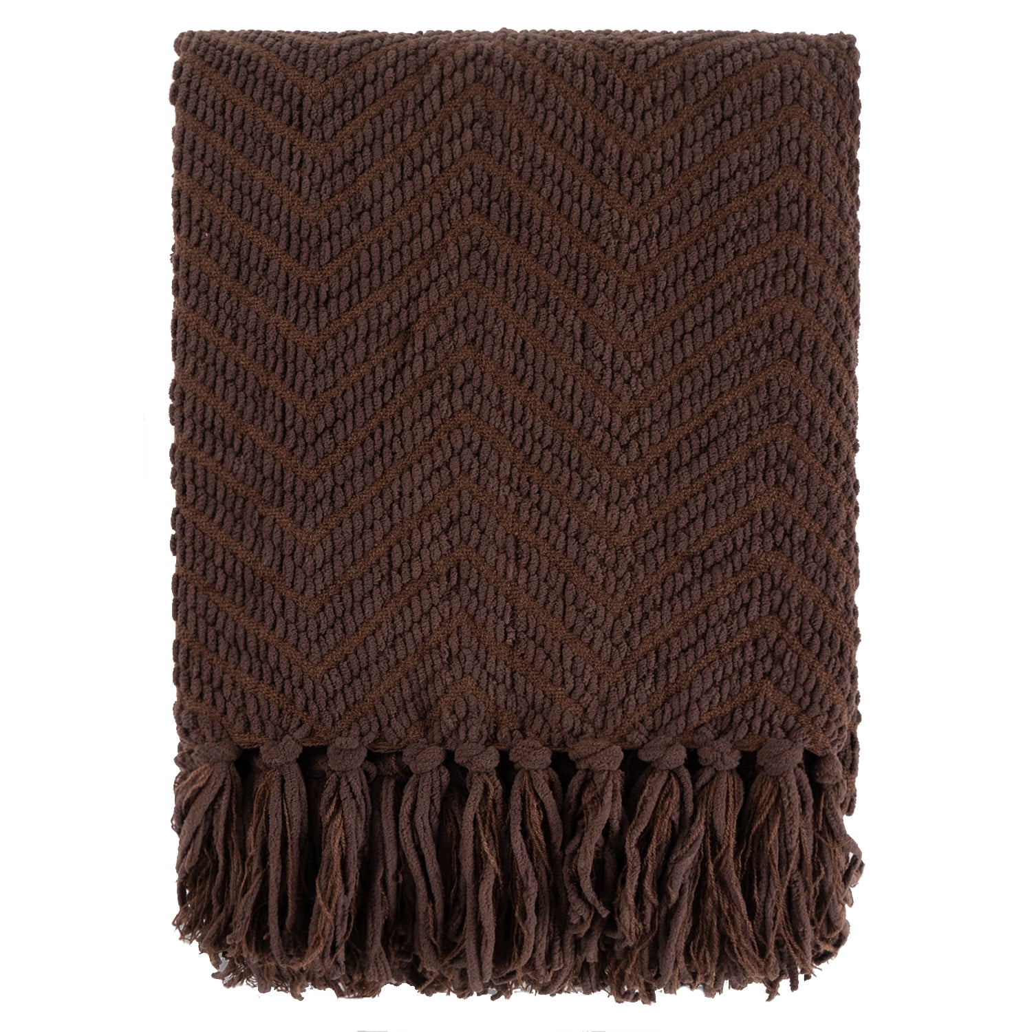 Dark Brown Knitted Herringbone Throw Blanket with Tassels, 50'' x 60''