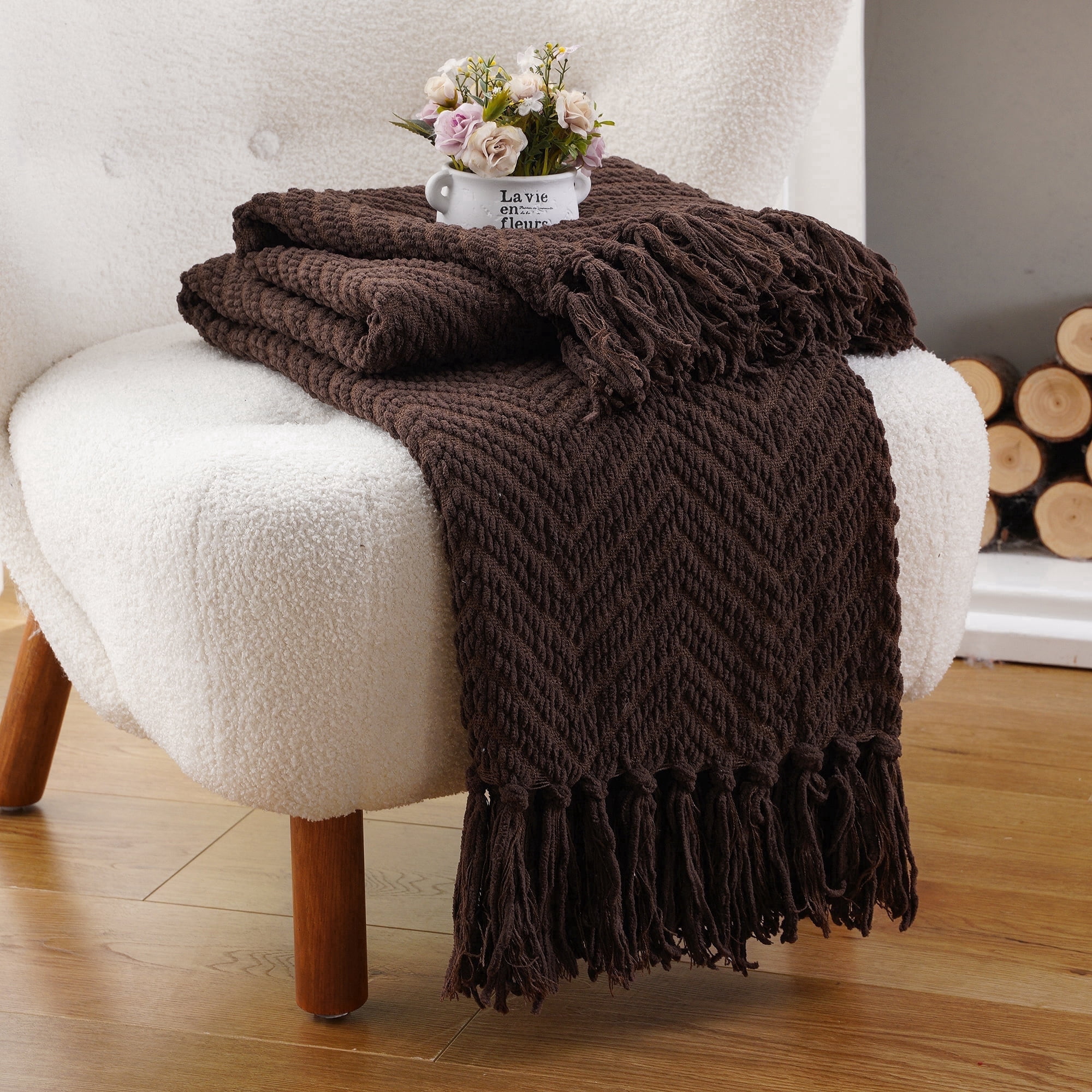 Battilo Dark Brown Throw Blanket for Couch, Cozy Knitted Chocolate Brown Throws for Bed Sofa,50"x60"