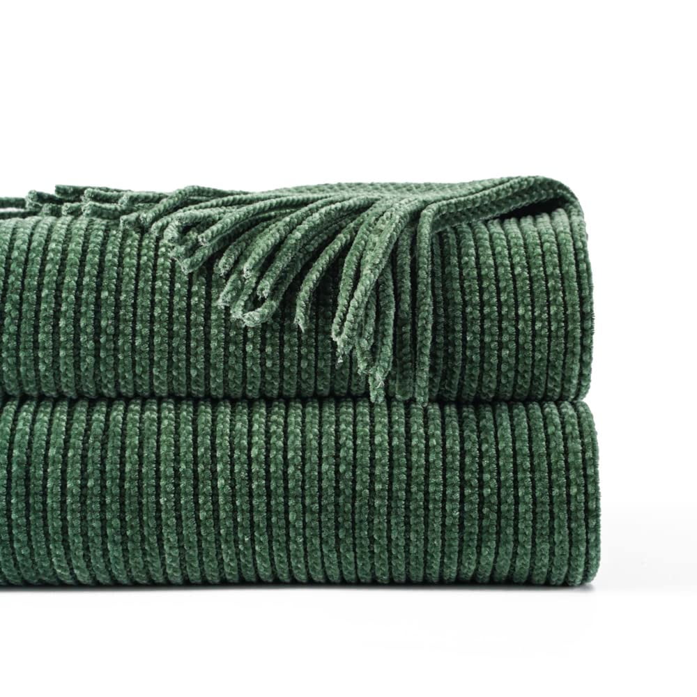 Battilo Dark Green Throw Blanket for Couch, Soft Chenille Knit Throws