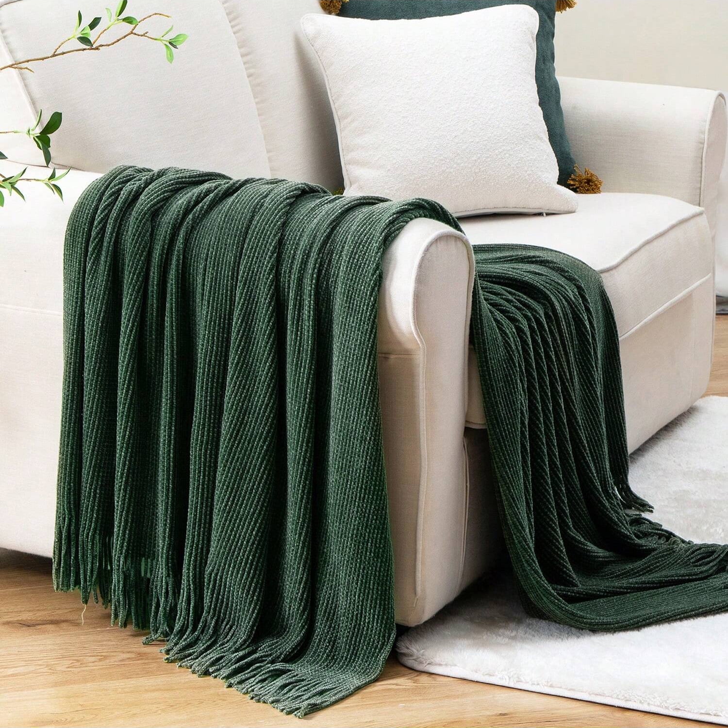 Battilo Dark Green Throw Blanket,Chenille Knit Throws with Tassels