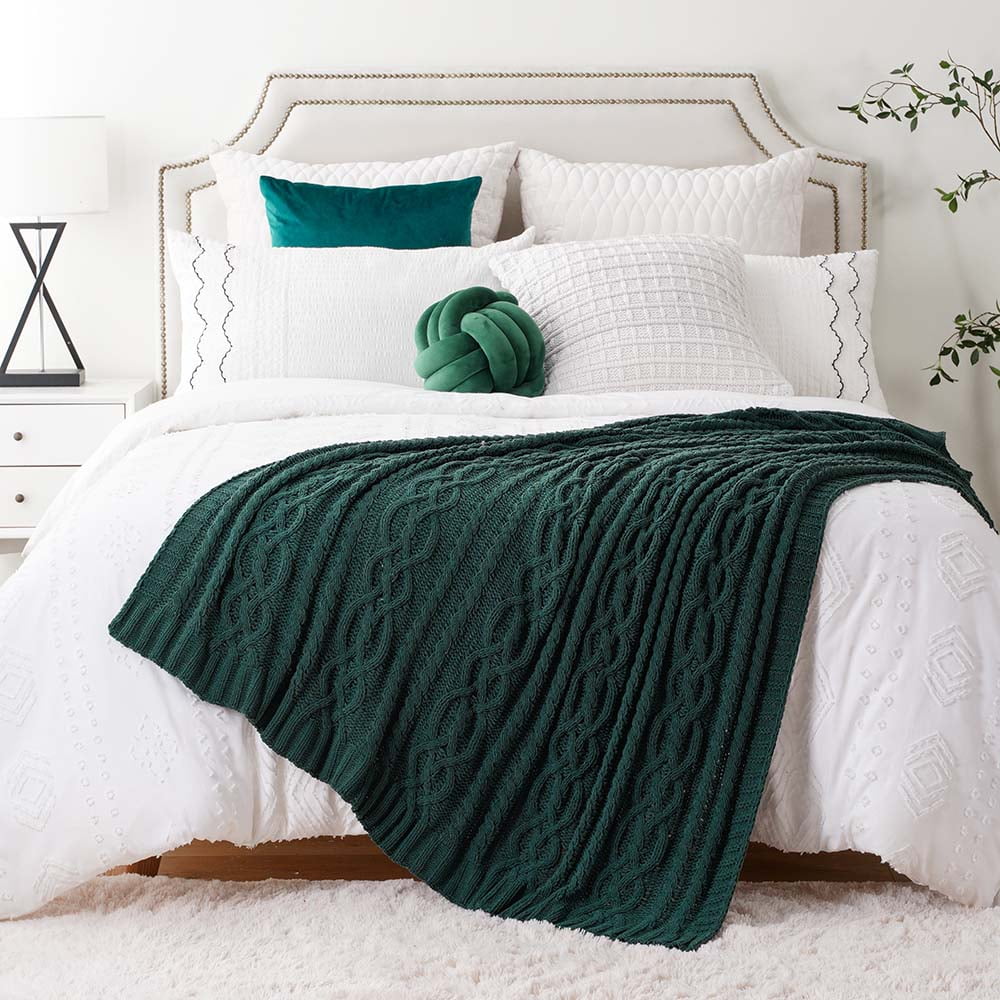 Battilo Dark Green Throw Blanket for Couch, Woven Chenille Knit Throw