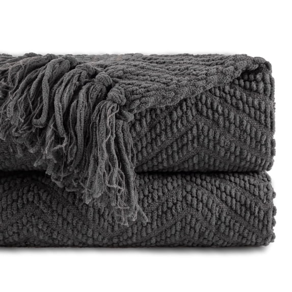 Battilo Dark Grey Throw Blanket,Herringbone Knit Charcoal Throw,Grey Blanket for Bed Sofa,60"x80"
