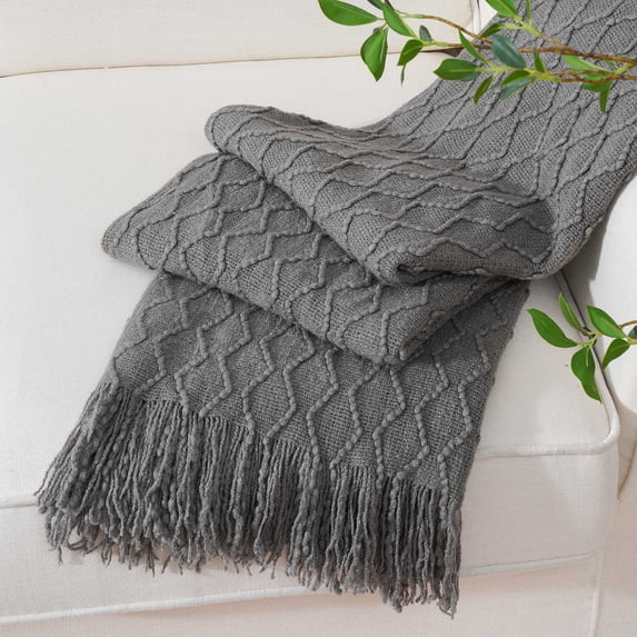 Dark Grey Throw Blanket For Sofa,Textured Solid Grey Blanket Throw,Knitted Bed Throw,50"x60"