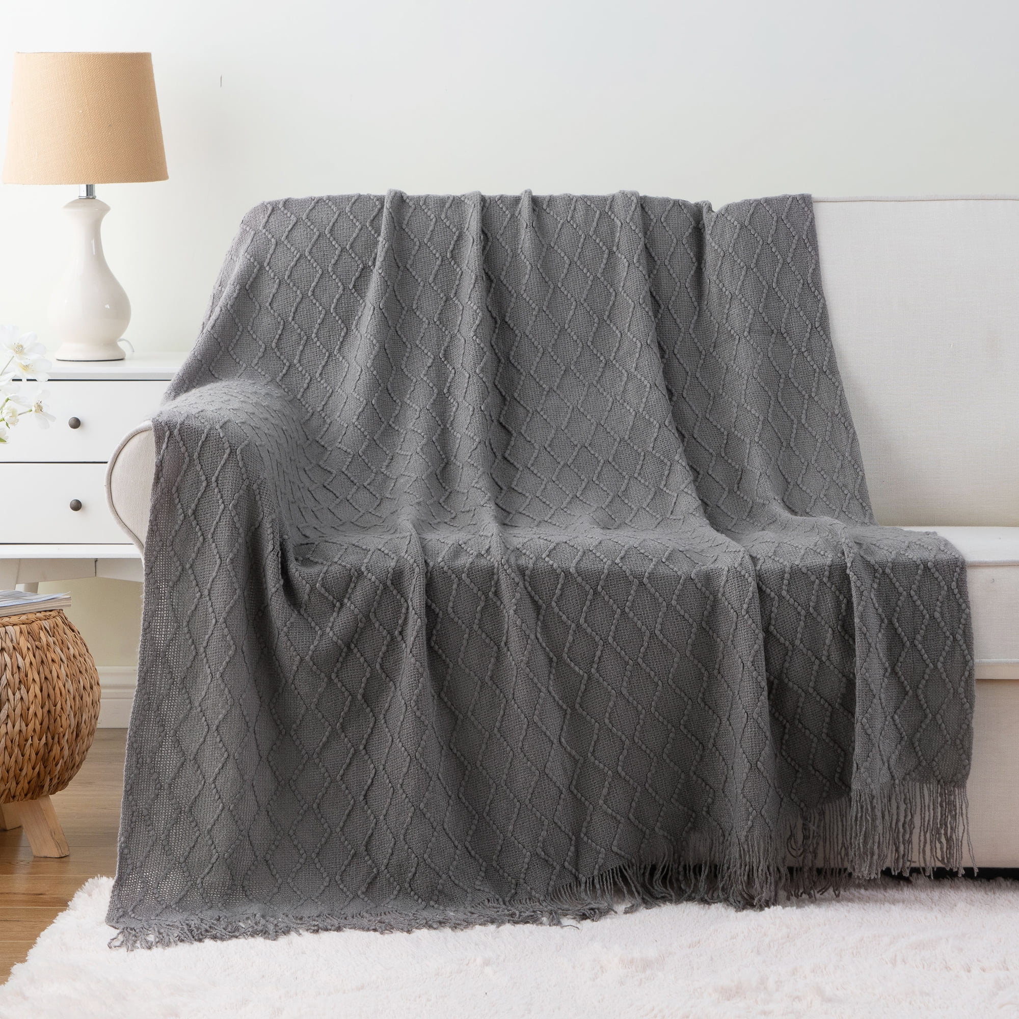 Dark Grey Knitted Acrylic Throw Blanket with Fringe, 50"x60"