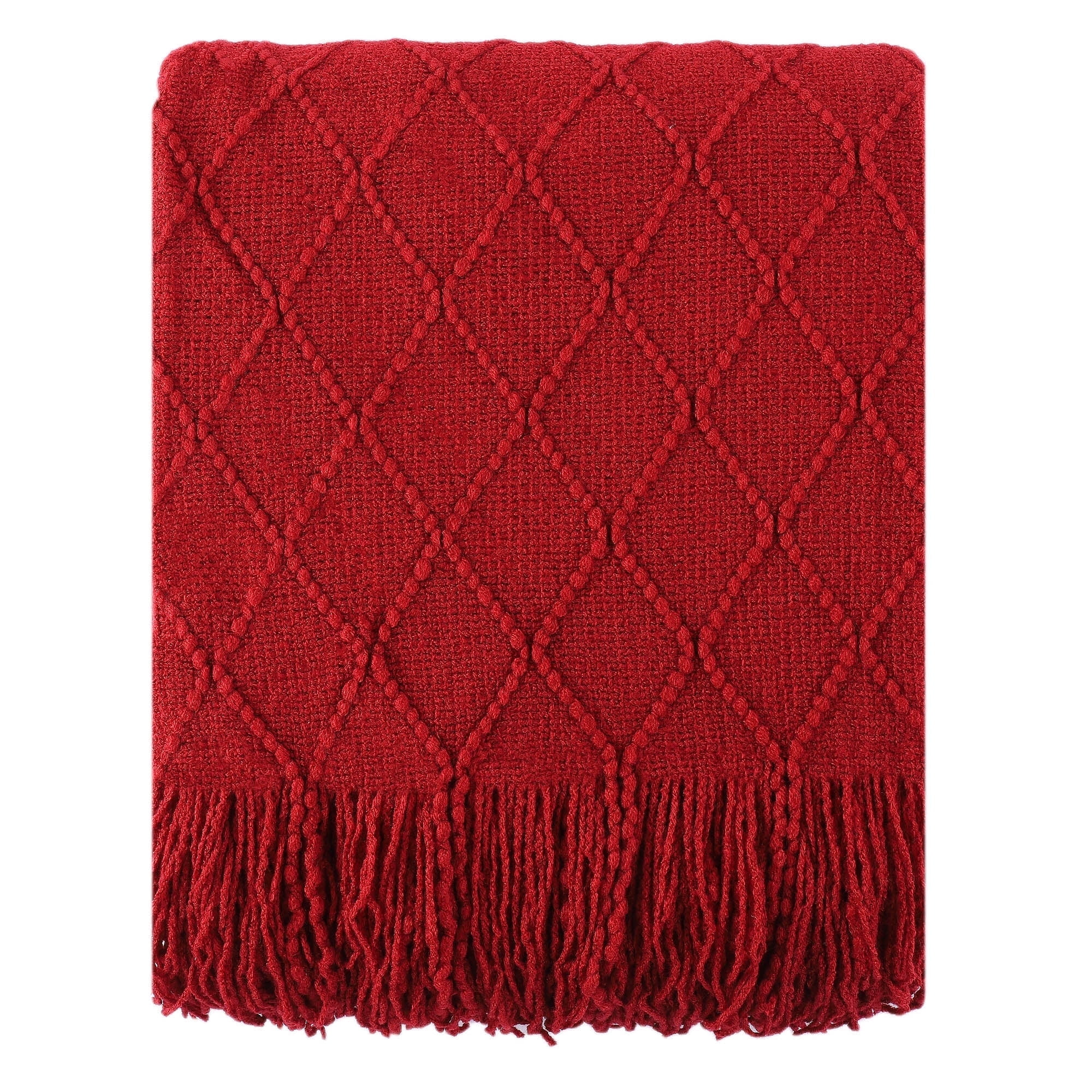 Burgundy Knitted Christmas Throw Blanket with Fringe, 50"x60"