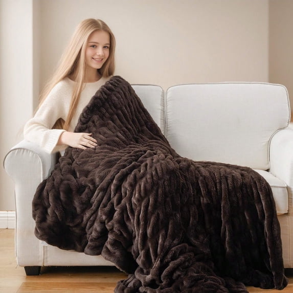 Battilo Fuzzy Faux Fur Throw Blanket,Brown Faux Rabbit Fur Throw for Couch,Bed,Sofa,60"x80"
