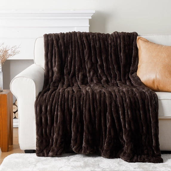 Battilo Dark Brown Faux Fur Throw Blanket, Double Side Rabbit Fur Blanket for Couch,50"x60"