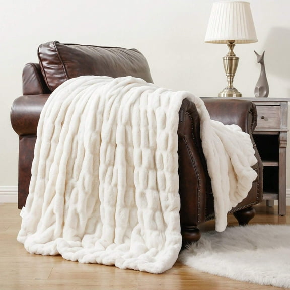 Battilo Cream Faux Fur Throw Blanket,Double Side Ruched Rabbit Fur Throws,Cozy Mink Blanket,60"x80"