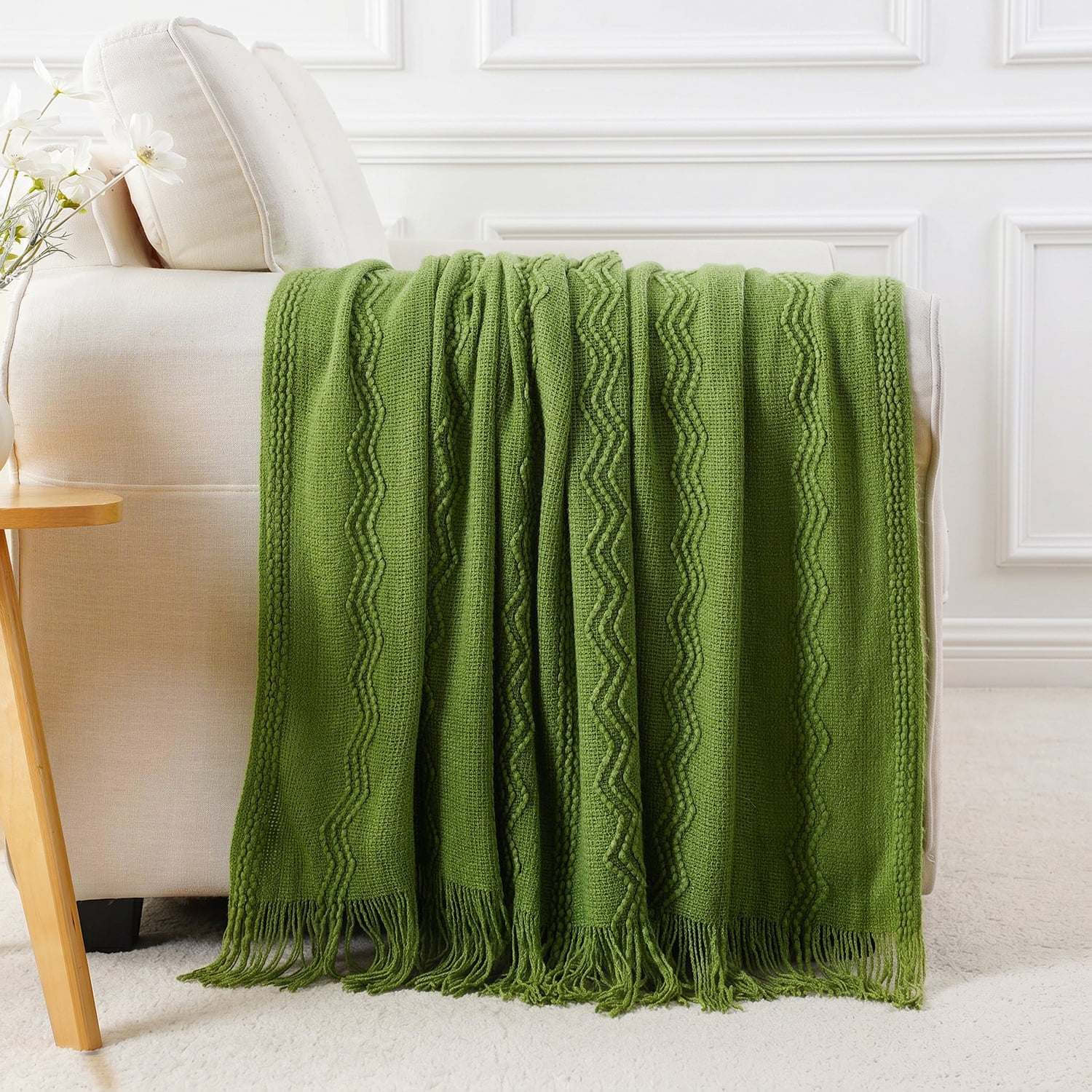 Battilo Green Throw Blankets,Lightweight Textured Knit Blanket with Tassels,Spring Throws,50"x60"