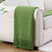 Battilo Green Textured Knit Throw Blanket, Lightweight Boho Knitted Blanket for Living Room, 50"x60"