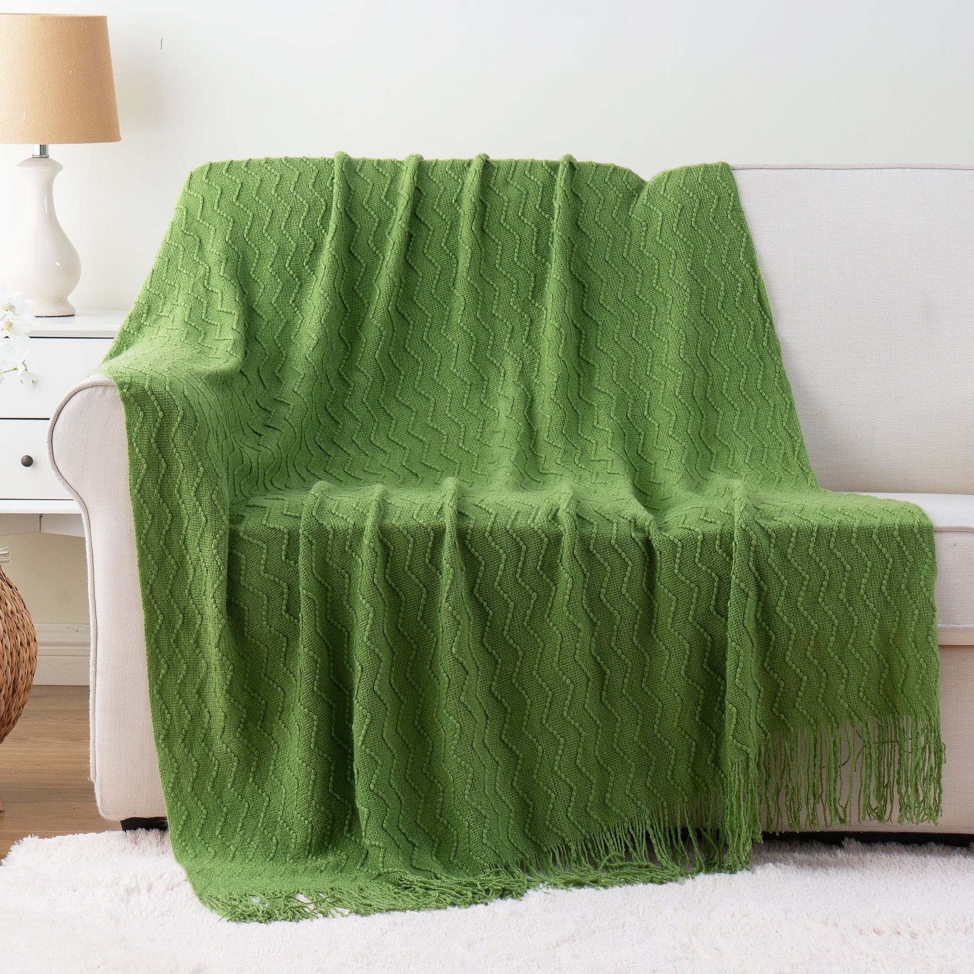 Green Knitted Wool Throw Blanket with Tassels, 50"x60"