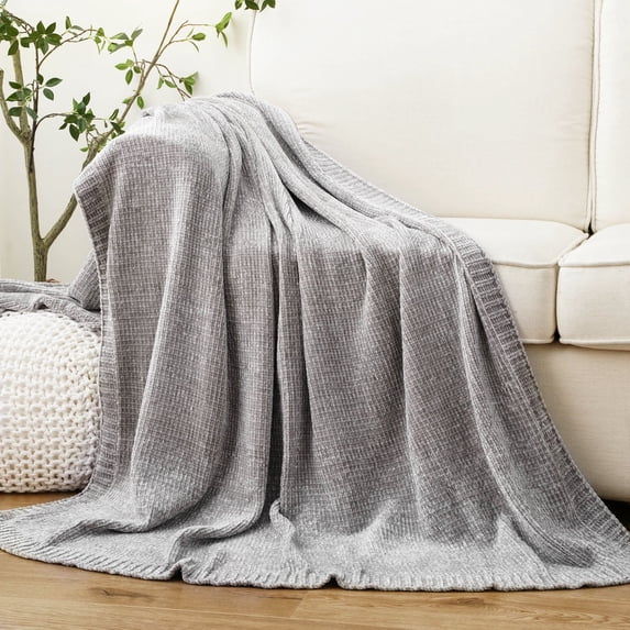 Battilo Grey Chenille Knit Throws,Soft Decorative Farmhouse Sofa Blanket,Neutral Home Decor,51"x67"