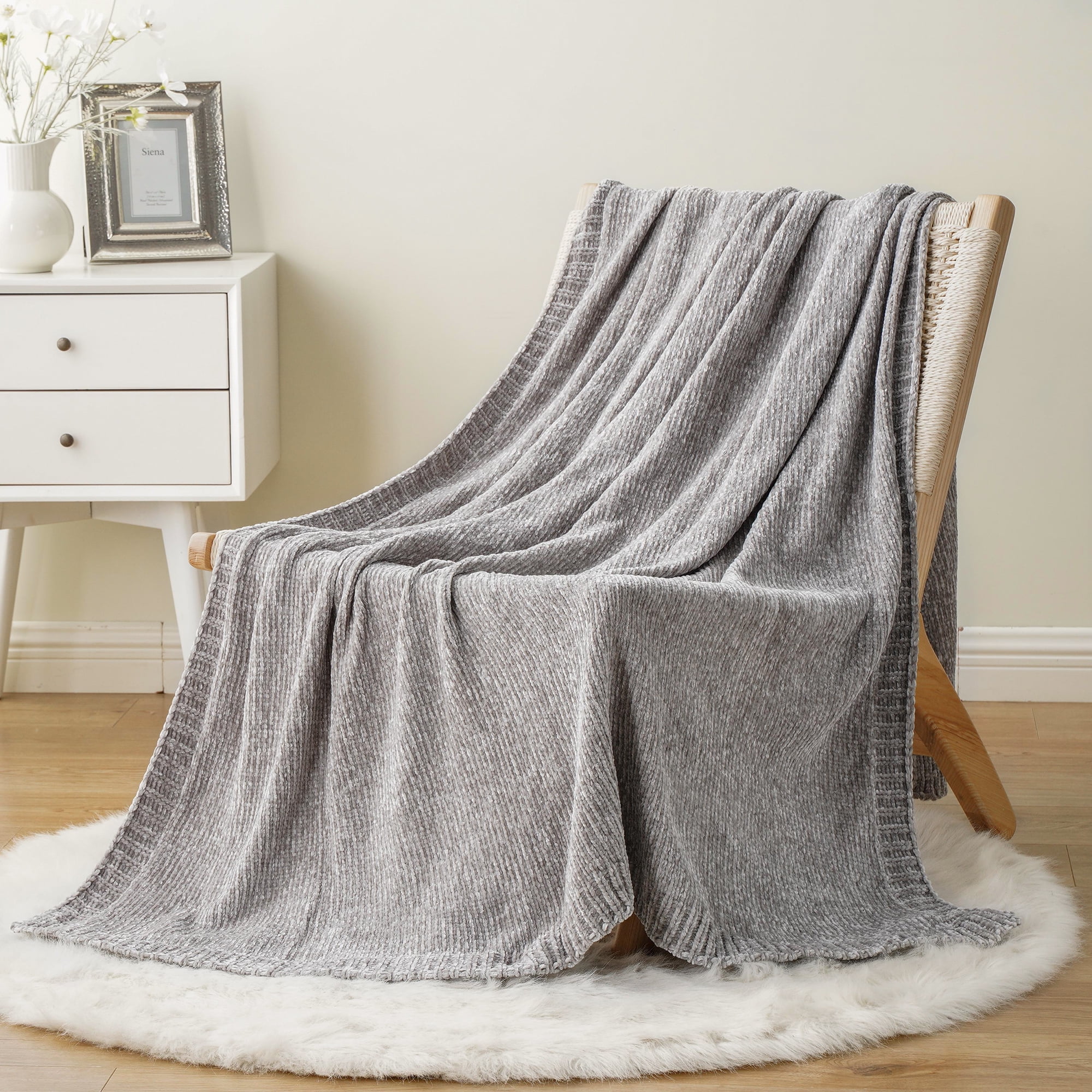 Gray Knitted Chenille Throw Blanket, 51" x 67"