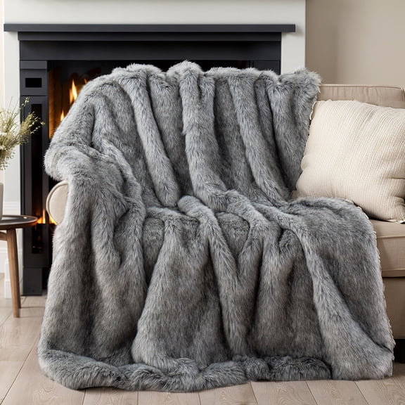 Battilo Gray Faux Fur Throw Blanket,Cozy Fluffy Grey Blanket Reversible to Plush Velvet,50"x60"