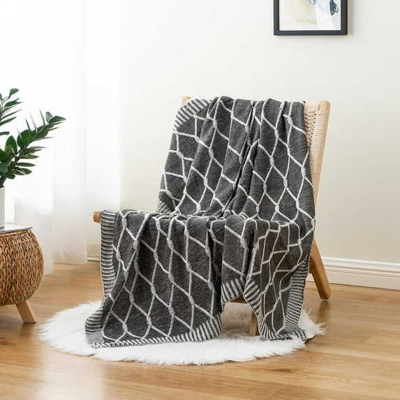 Battilo Grey Geometric Patterns Diamond Checked Knitted Throw, 50" x 60"