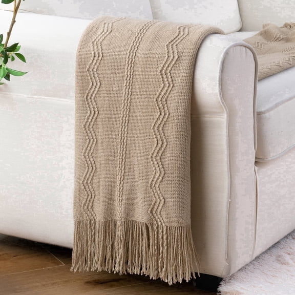 Battilo Tan Throw Blanket,Lightweight Knitted Bed Blanket,Beige Throws for Living Room,50"x60"