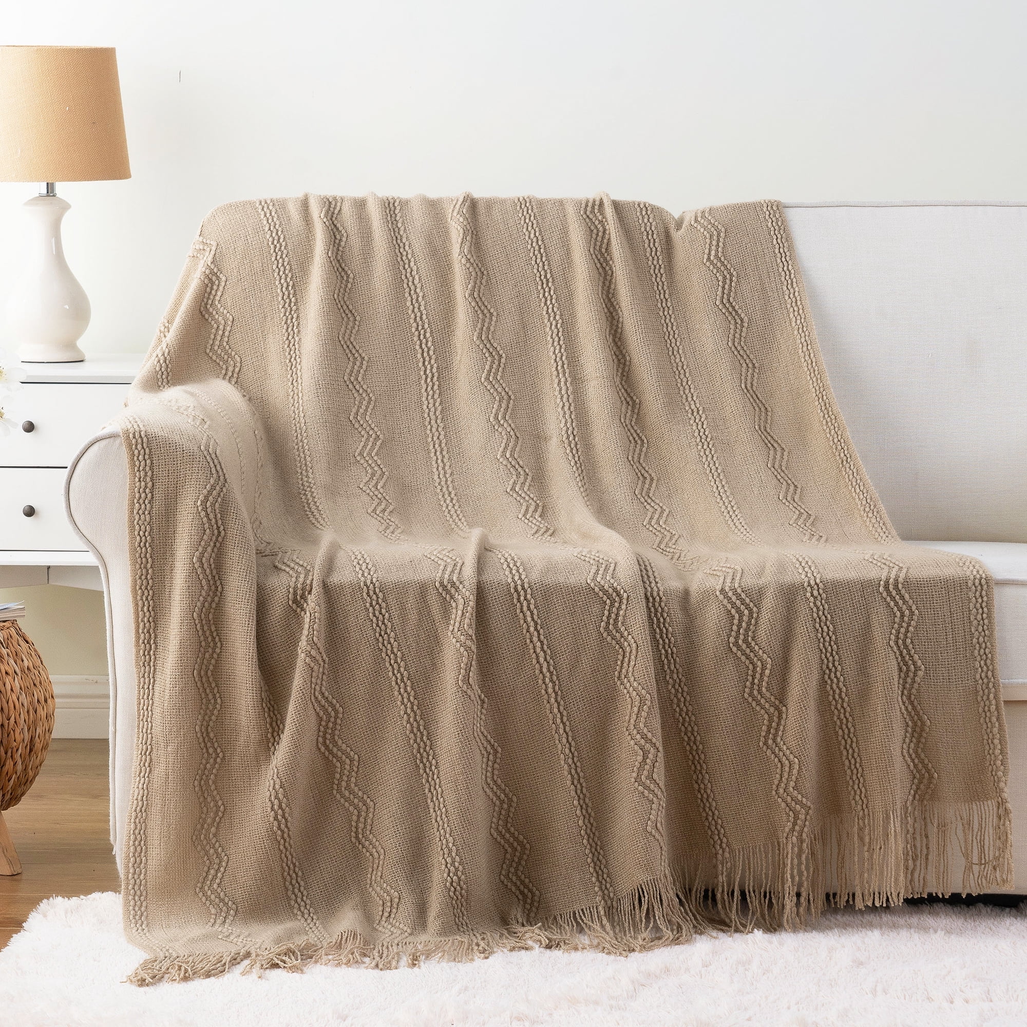 Modern Geometric Knit Throw Blanket with Tassel Trim, Tan 50"x60"