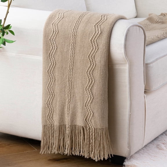 Tan Throw Blanket,Lightweight Knitted Bed Blanket,Beige Throws for Living Room,50"x60"