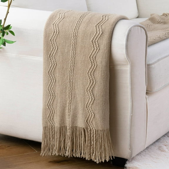 Battilo Tan Throw Blanket,Lightweight Knitted Outdoor Blanket,Beige Throws for Living Room,50"x60"