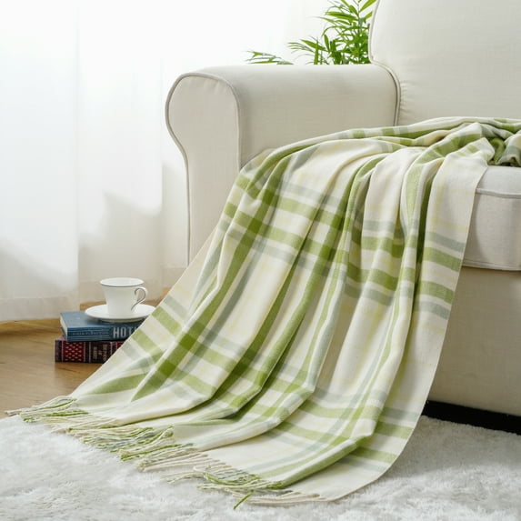 BATTILO Light Green Plaid Throw Blanket for Couch, Summer Lightweight Acrylic, 50" x 60"