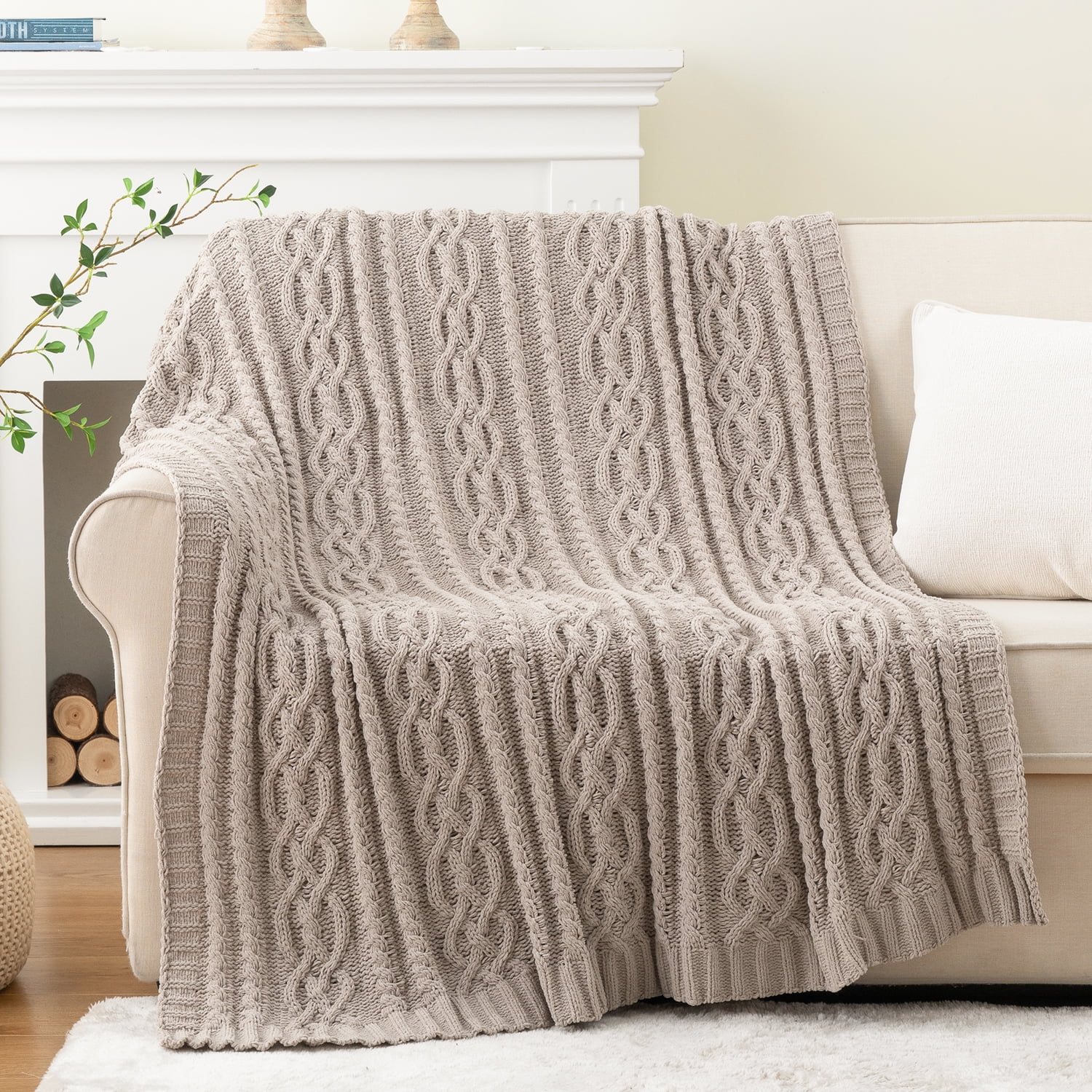 Battilo Light Grey Knitted Chenille Throw Blanket, 51" x 67"