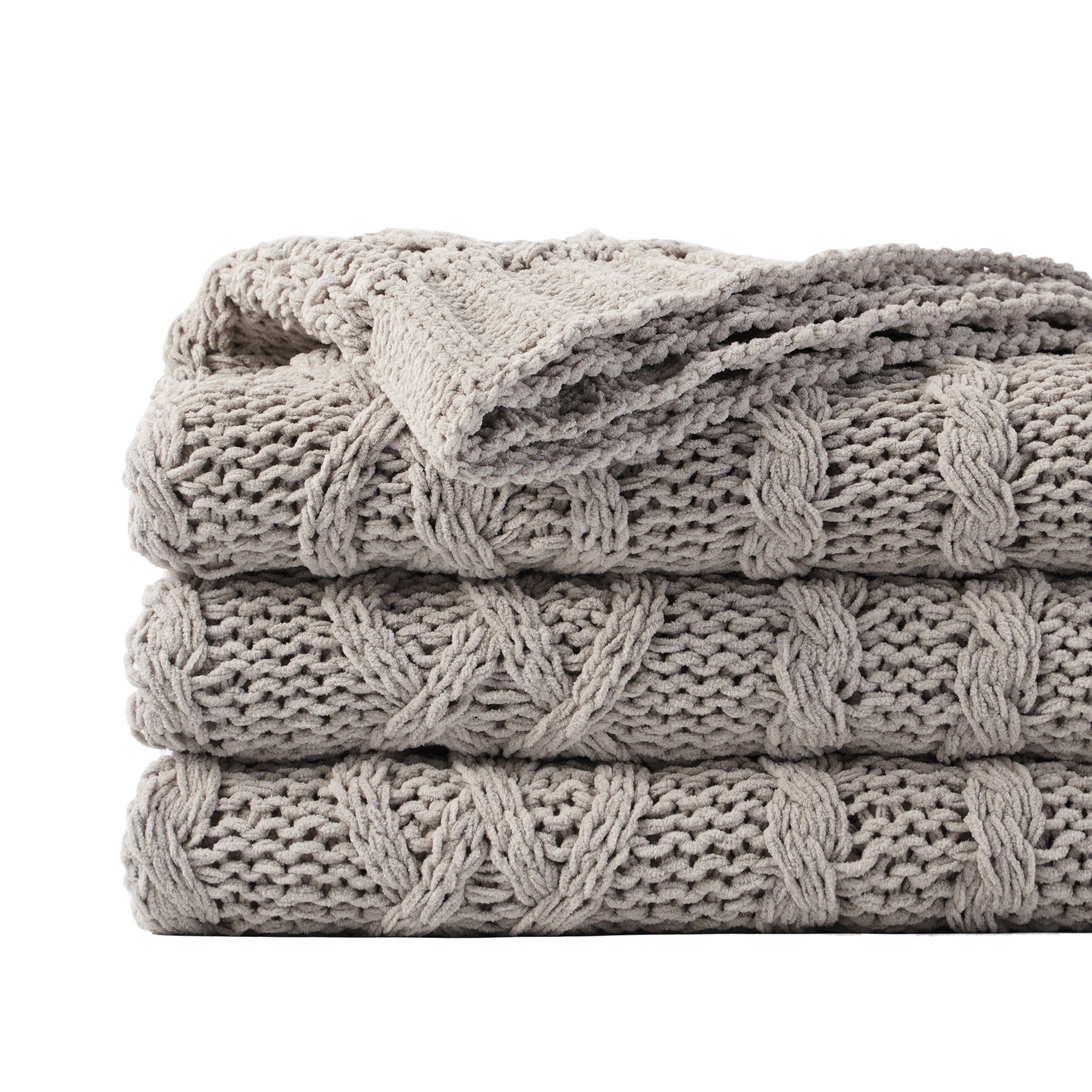 Battilo Light Grey Knit Throw Blanket, Woven Chenille Throw Blankets