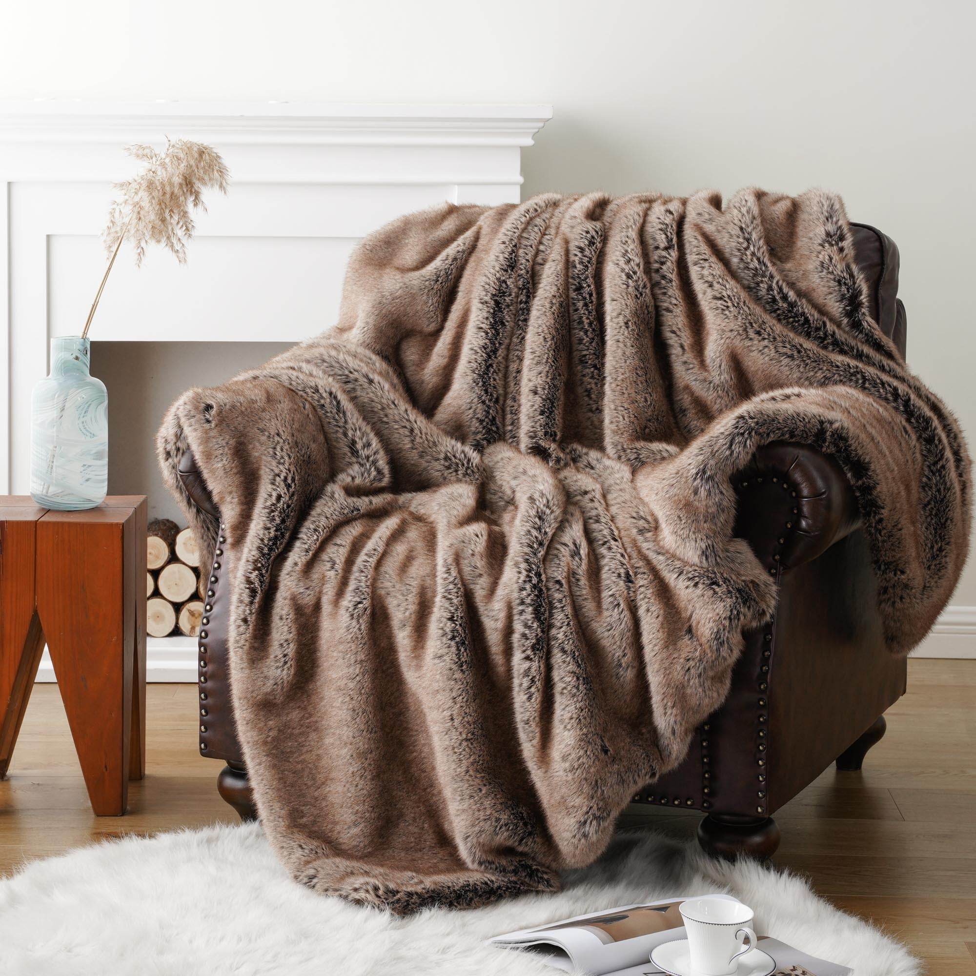 Battilo Luxury Brown Faux Fur Throw Blanket, Striped Large Mink Faux