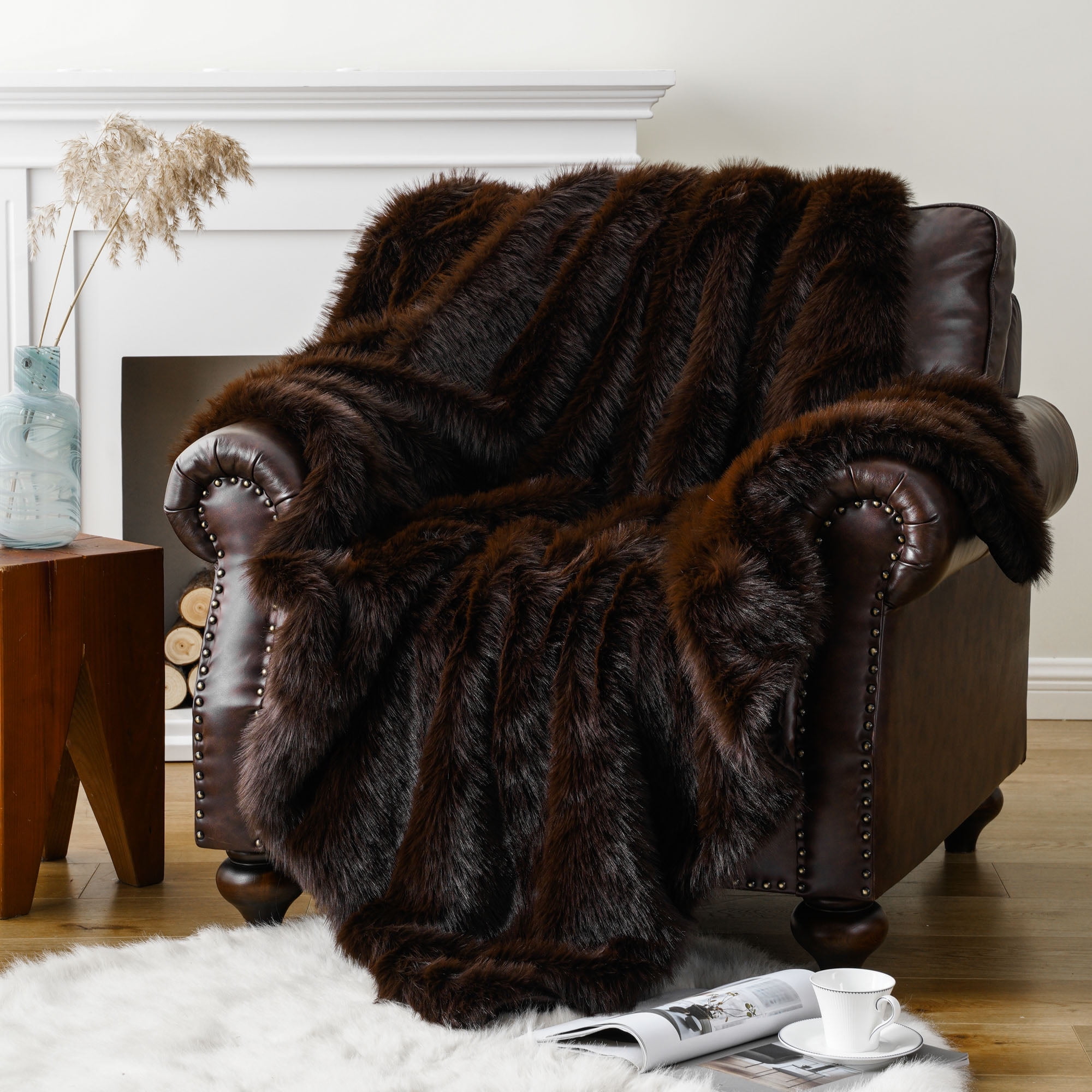 Battilo Luxury Fluffy Brown Faux Fur Throw Blanket, Cozy Thick Warm Fur Blanket for Couch, Sofa, Chair, Bed, Plush Fuzzy Fur Throws with Long Pile, 50