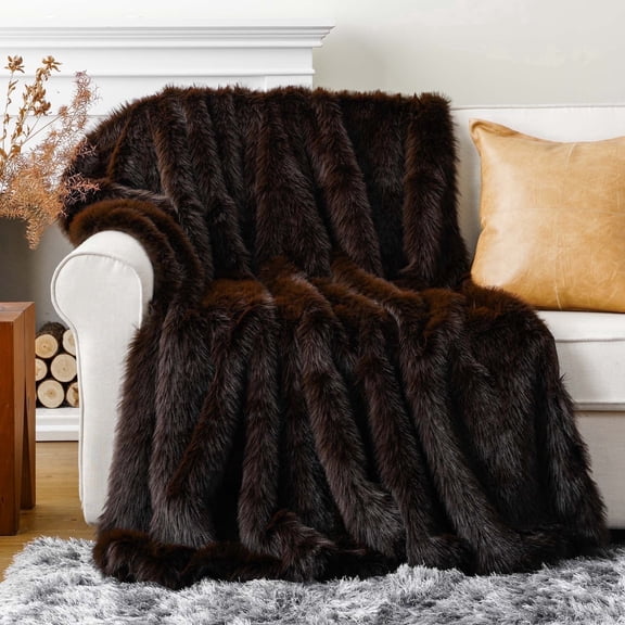 Battilo Fluffy Brown Faux Fur Throw Blanket, Plush Cozy Thick Fur Throws for Living Room,60"x80"