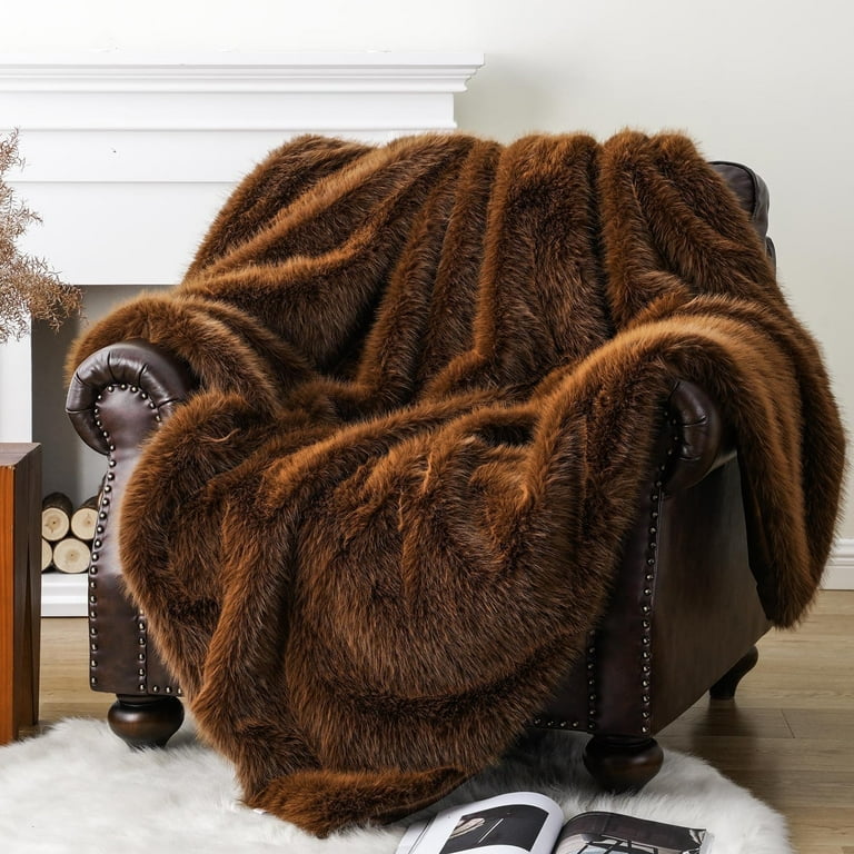 Battilo Faux Fur Throw Blanket for Couch,Golden Brown Plush Fuzzy