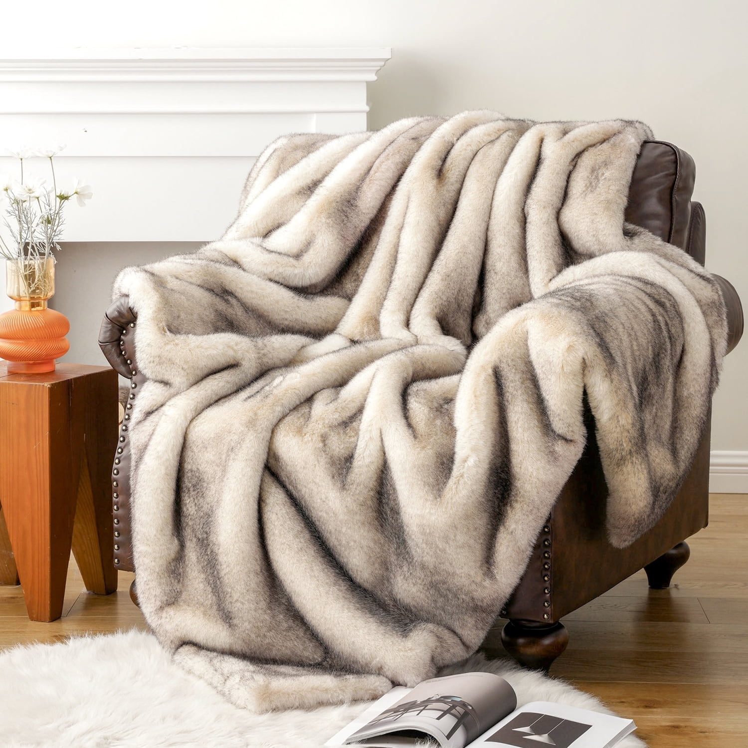 Luxurious Cream and Gray Faux Fur Reversible Throw Blanket