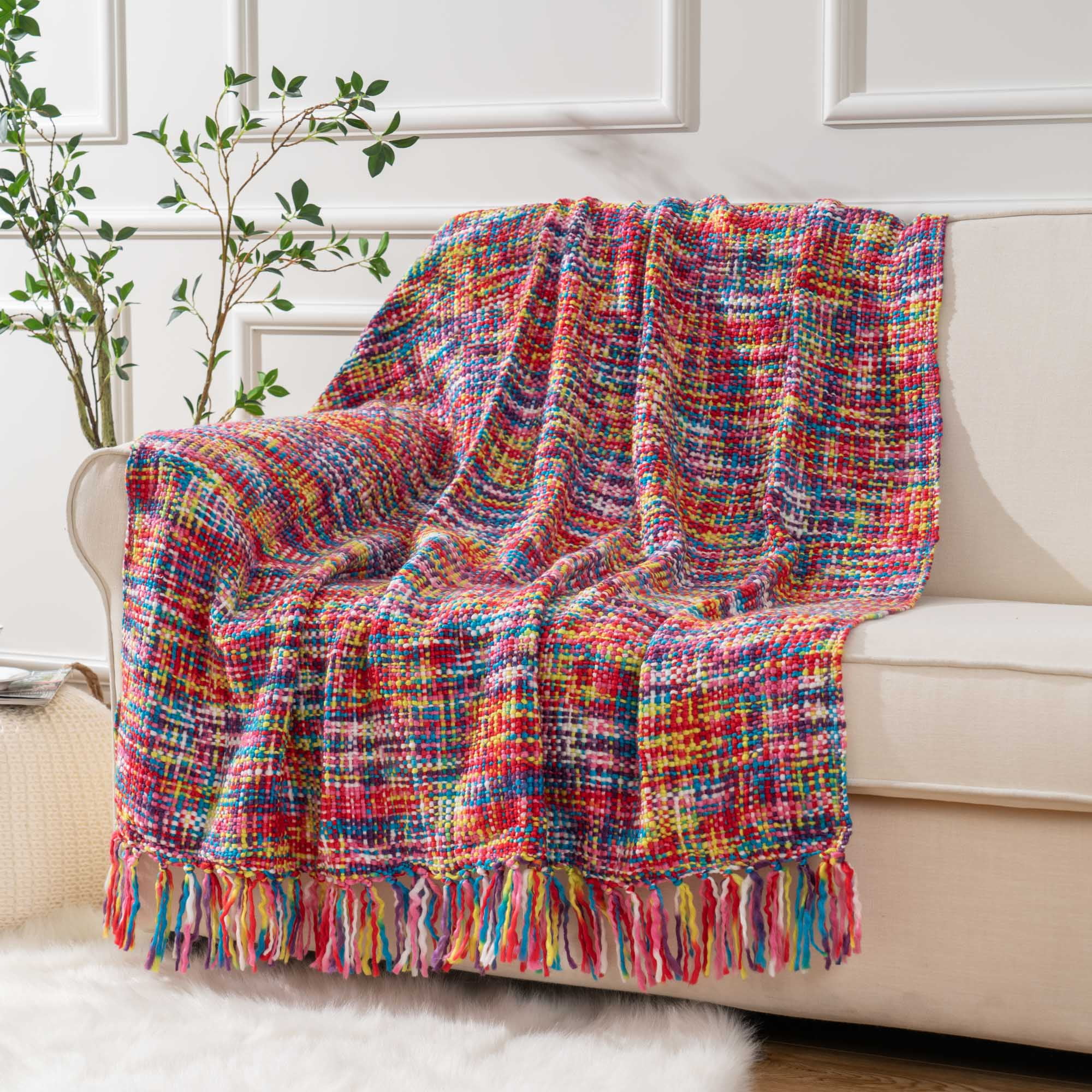 Battilo Multicolor Throw Blanket with Tassels, Home Decorative Colorful
