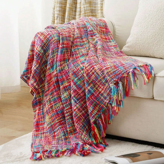 Colorful Throw Blanket with Tassels, Boho Knit Throw Blankets for Couch,Living Room,50"x60"