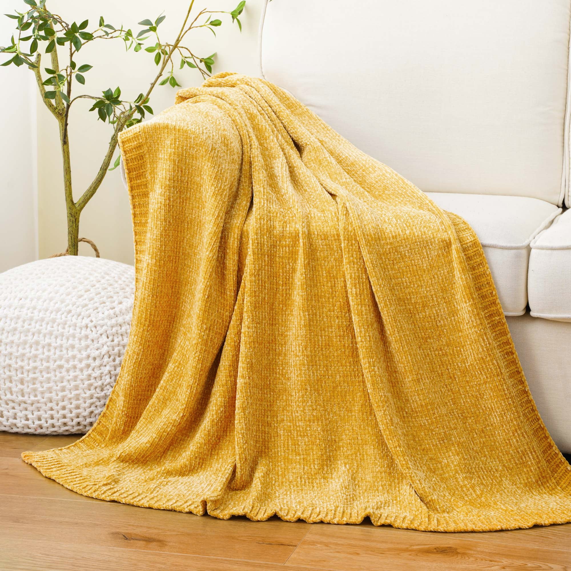 Mustard Yellow Knitted Chenille Throw Blanket, 51" x 67"