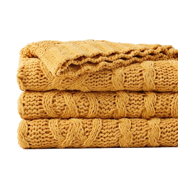 Battilo Mustard Yellow Cable Knit Chenille Throw Blanket, Cozy Soft Woven Blanket for Living Room,51"x67"