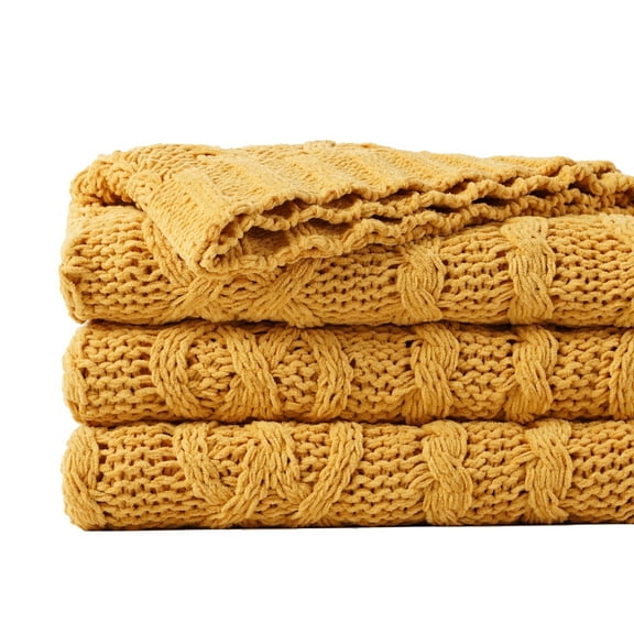 Battilo Mustard Yellow Throw Blanket,Cable Knit Throw Blanket,Cozy Woven Chenille Blankets,51"x67"