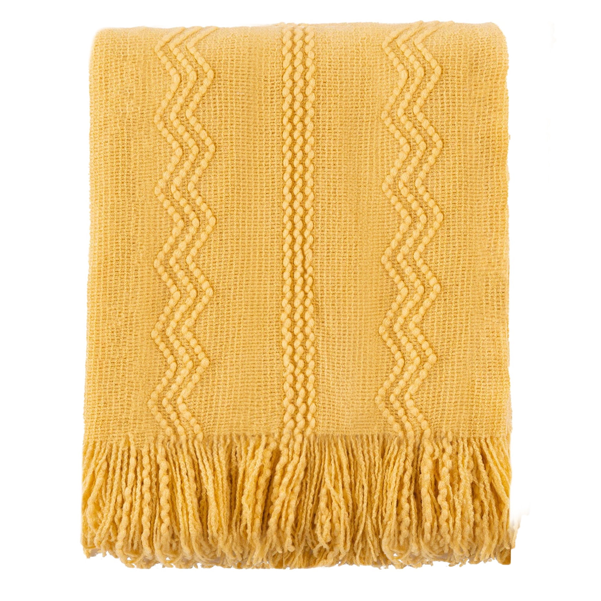 Battilo Mustard Throw Blanket with Tassel, Knitted Yellow Throws