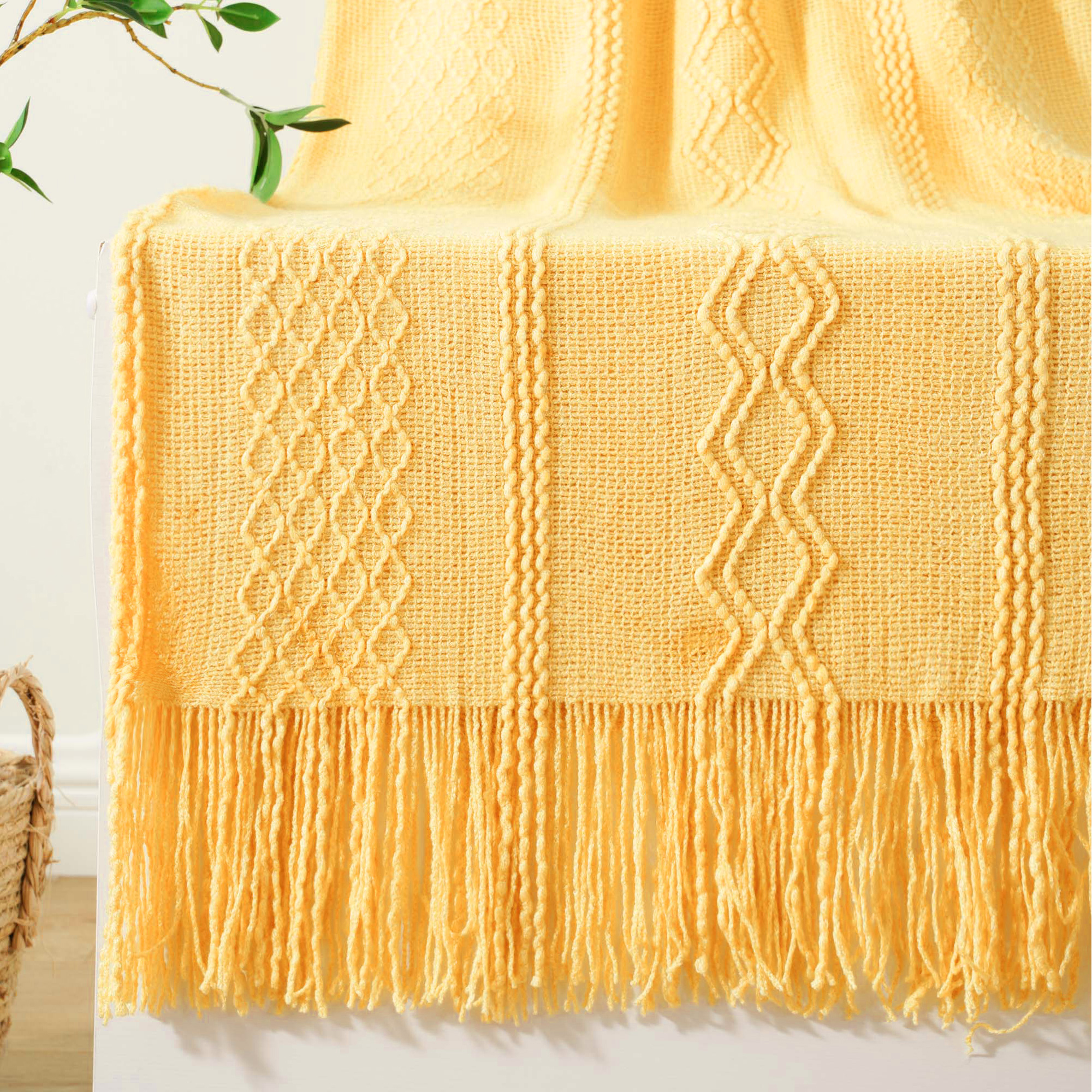 Battilo Mustard Yellow Throw Blanket for Couch Bed Chair, knit Throw Blanket With Fringe